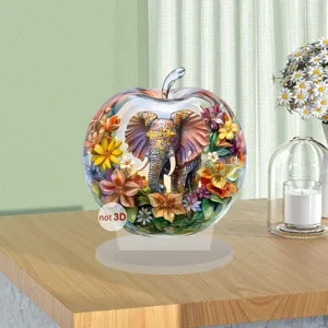 2D acrylic flat apple ornament with elephant and floral art design for room decor.