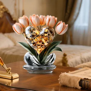 Flat Acrylic Tulip Heart Ornament Tabletop Decor Gift For Mother And Wife Birthday Home Decoration