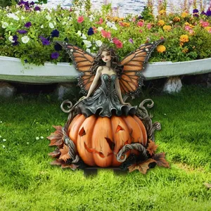 Halloween acrylic winged fairy pumpkin garden stake, perfect potted plant decor prop.