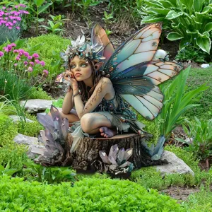 Vista detallada de la encantadora estatuilla de hada verde con alas de mariposa y cristal.