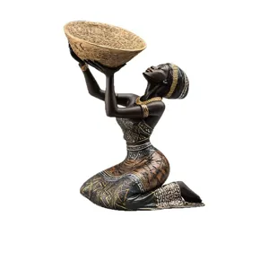 African Woman Figurine Resin Craft Basket Holder Home Decor Tabletop Ornament Statue Statuette