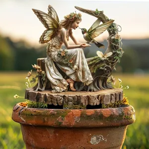 Garden fairy figurine with hummingbird on tree stump pot decoration outdoor ornament