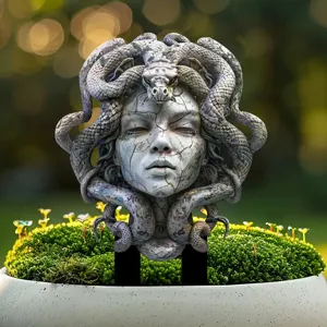 Medusa garden stake statue featuring detailed snake hair and cracked stone texture for outdoor decor