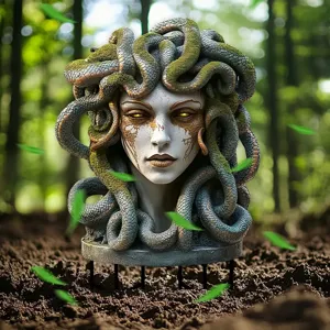 Detailed Medusa head garden stake with moss and snake hair, perfect for outdoor yard decor.