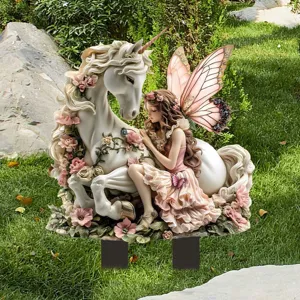 Pink fairy unicorn acrylic 2D flat garden stake with wings, potted plant outdoor decor.