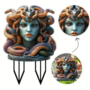 Close-up detail of the medusa garden stake showing intricate snake textures and vivid facial features.