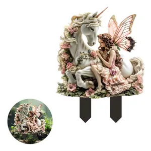 Close-up of pink fairy and unicorn acrylic plant stake with butterfly wings detail.