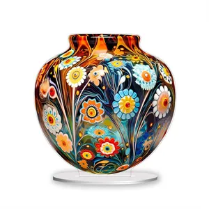 Acrylic vase standee detail view, colorful floral art table decoration for room interior.