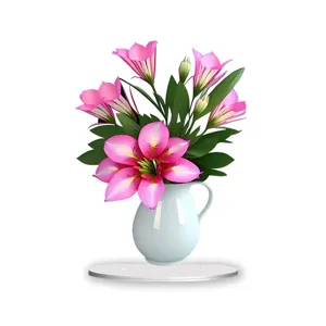 Close-up of the acrylic floral standee, showing vibrant pink lily details and clear vase design.