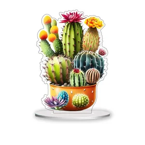Cute cartoon potted cactus acrylic standee desktop ornament room decor gift idea.