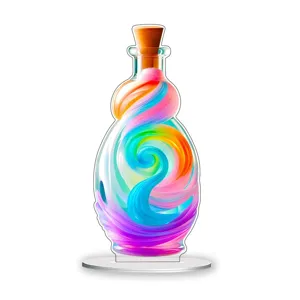 Close-up of a colorful magic potion bottle acrylic standee, vibrant rainbow swirl desktop decor.
