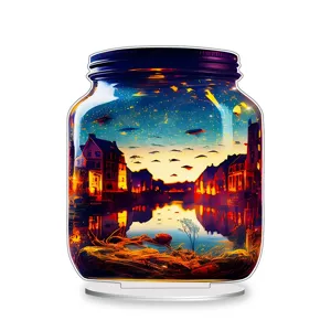 Decorative acrylic jar standee featuring starry night landscape art for home desktop room decor.