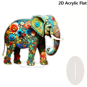 Detailed close-up view of the colorful floral elephant acrylic ornament, perfect desk decoration.
