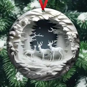Detailed view of round Christmas tree hanging ornament featuring 3D illusion snowy deer forest.