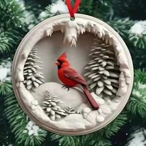 Cardinal winter snow scene hanging ornament detail view, perfect for Christmas tree decor.