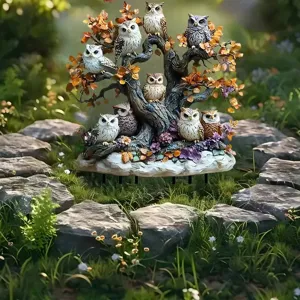 Paletto decorativo da giardino con gufi su ceppo d'albero, scultura animale per cortile e vasi.