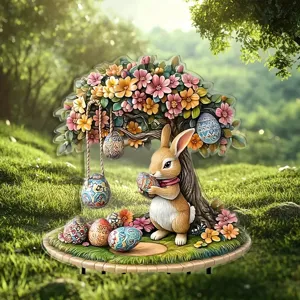 Acrylic Easter bunny treehouse garden stake detail showcasing vibrant flowers and decorative eggs.