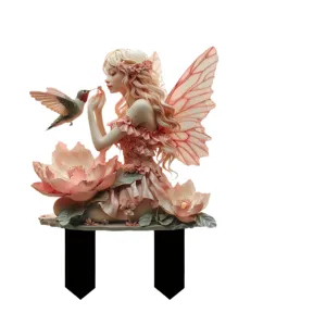 Acrylic fairy and hummingbird garden stake, beautiful outdoor lawn decoration for yard.