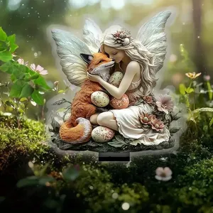 Outdoor garden 2D acrylic fairy and fox stake detail view, magical yard lawn potted plant decor.