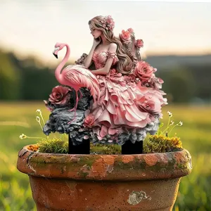 Paletto da giardino in acrilico con donna elegante e fenicottero arte floreale vaso di fiori