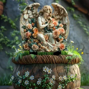 Exquisite angel and rose outdoor garden sculpture, resin yard decor with daisy planter accent.