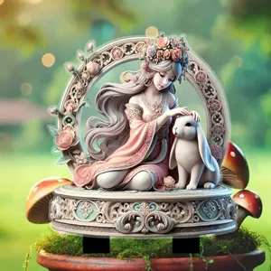 Close-up detail of fantasy fairy girl and rabbit carved arch decorative figurine ornament.