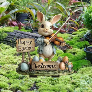 Easter violin rabbit garden stake outdoor lawn yard waterproof decorative sign ornament