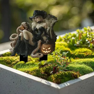 Halloween witch octopus garden stake figurine detail view, spooky outdoor yard lawn decor ornament.