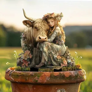Outdoor garden decorative acrylic pot stake featuring fantasy girl and highland cow design sculpture.