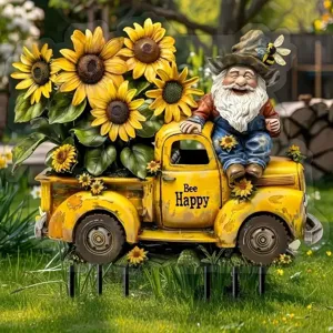 Picchetto da giardino in acrilico con camion girasole e gnomo per decorazioni.