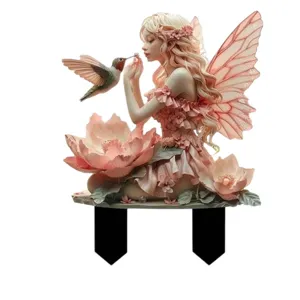 Fairy and Hummingbird Garden Stake Outdoor Acrylic Decorative Yard Art Pink Floral Sculpture