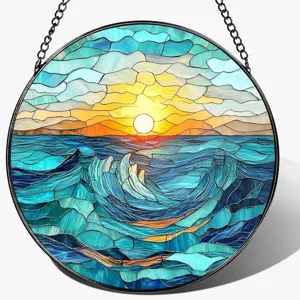 Round stained glass ocean sunset suncatcher hanging decor for home garden window.