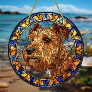 Stained glass dog acrylic wall hanging pendant, colorful round disc decor for home and holiday.