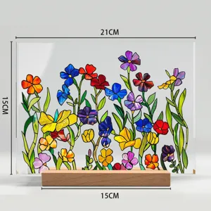 Decoración de mesa de acrílico floral estilo vitral con base de madera, 21x15cm.