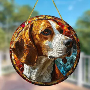 Acrylic beagle dog stained glass style hanging pendant, vibrant round wall decoration ornament.