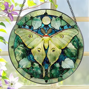 Stained glass Luna moth suncatcher window hanging acrylic home garden decor detail.