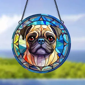 Stained glass style pug acrylic hanging pendant, colorful dog wall art decoration for home window.