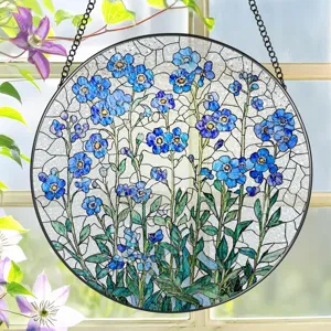 Stained glass style blue flower acrylic suncatcher window hanging ornament detail view