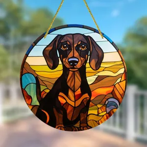 Acrylic dachshund dog hanging ornament, colorful stained glass style round wall decor piece for home.