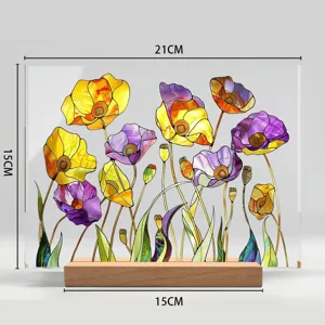 Decoración de mesa floral acrílica con base de madera, diseño de amapola de falso vitral.