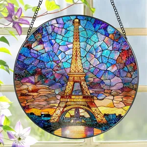 Acrylic Eiffel Tower suncatcher hanging ornament, colorful sunset stained glass window decor