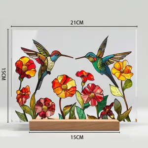 Hermosa decoracion de mesa colibri y flores acrilico base de madera estilo vitral