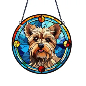 Acrylic stained glass puppy hanging ornament, colorful dog wall decor disc for home.