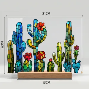 Expositor de mesa decorativo de acrílico cactus estilo vidriera con base de madera 21x15cm