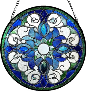 Stained glass style circular suncatcher hanging ornament for home and garden decor.