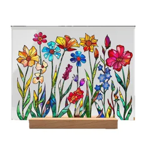 Adorno de mesa floral de acrílico estilo vitral con base de madera para la decoración