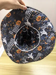 Quilted Halloween witch hat with digital print pumpkin ghost pattern party costume