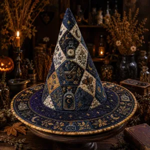 Vista detallada del sombrero de bruja acolchado con estampados botánicos y pociones.