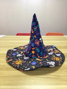 Detailed view of the Halloween witch hat featuring vibrant digital prints and neat quilting texture.