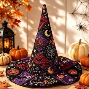 Detailaufnahme des Halloween Hexenhutes mit Steppstickerei, Patchwork-Stil Festtagsdekor.